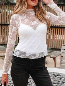 Sheer Floral Lace Mesh Turtleneck Long Sleeve Top - White - View 7