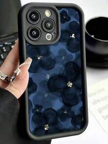 Flower 1pc Minimalist Creative Navy Blue Floral Pattern Painted Shockproof TPU Phone Case Compatible With Apple XS/XS Max/XR/11/12/13/14/14 Plus/15/15 Plus/16/16 Plus/7/8 Plus/17/17 Pro And Other Models - Black - View 3