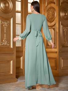 优雅雪纺褶裥长袖V领睡袍，饰有贴花和腰带细节 - 薄荷綠 - 查看 3