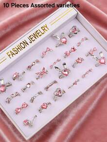 10件/套 时尚Y2K粉色水钻女孩戒指套装 可爱蝴蝶结手指饰品 派对日常朋友礼物配饰 - 粉紅色水鑽銀尾戒 - 查看 7