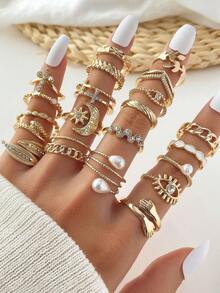 Juego de 23 anillos irregulares para mujer, de nuevo estilo, aptos para uso diario - Amarillo Oro - Ver 1