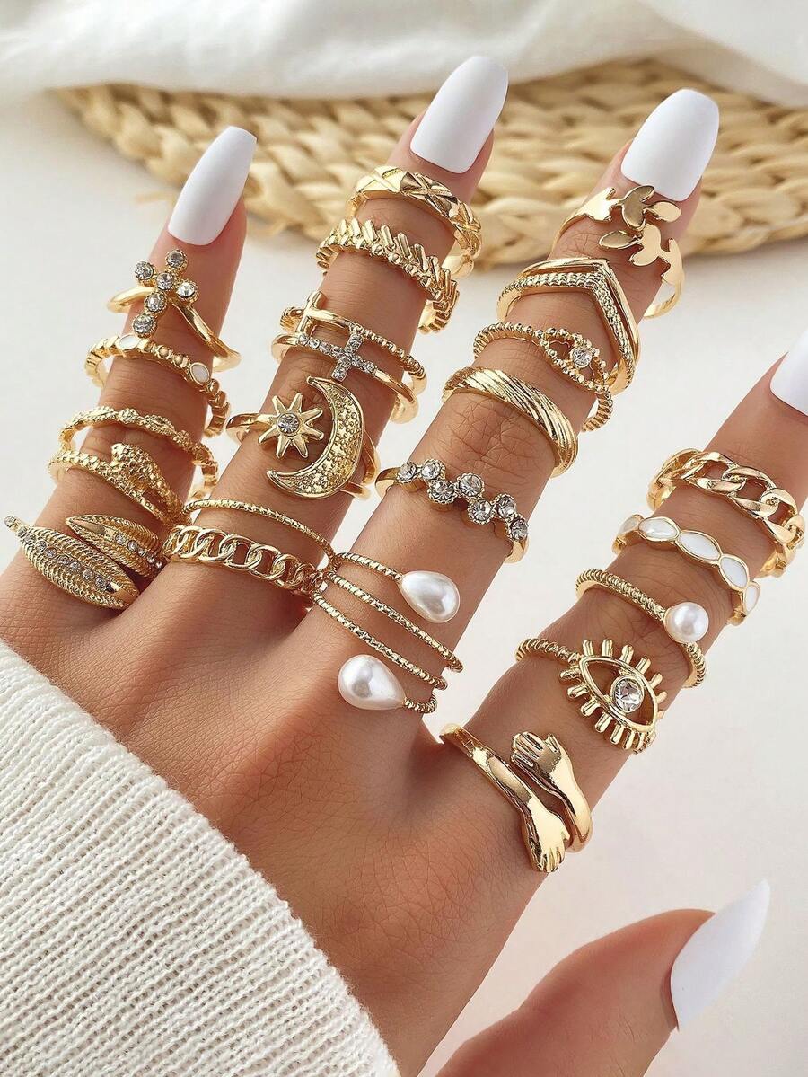 Juego de 23 anillos irregulares para mujer, de nuevo estilo, aptos para uso diario - Amarillo Oro - Ver 1