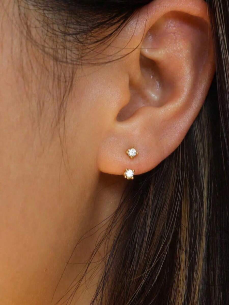 1pair 18k Gold Plated Earrings With Ear Hook Design, Simple Stud Earrings, Set With Cubic Zirconia, Suitable For Ladies To Wear Daily. - Earrings - View 1