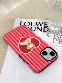 1pc Romantic Striped Heart Teddy Bear Pattern Glossy 2-In-1 Phirim Shell Full Coverage Phone Hard Case Suitable For Samsung/IPhone11/12/13/14/15/16/17 Pro Max - Multicolor - View 3