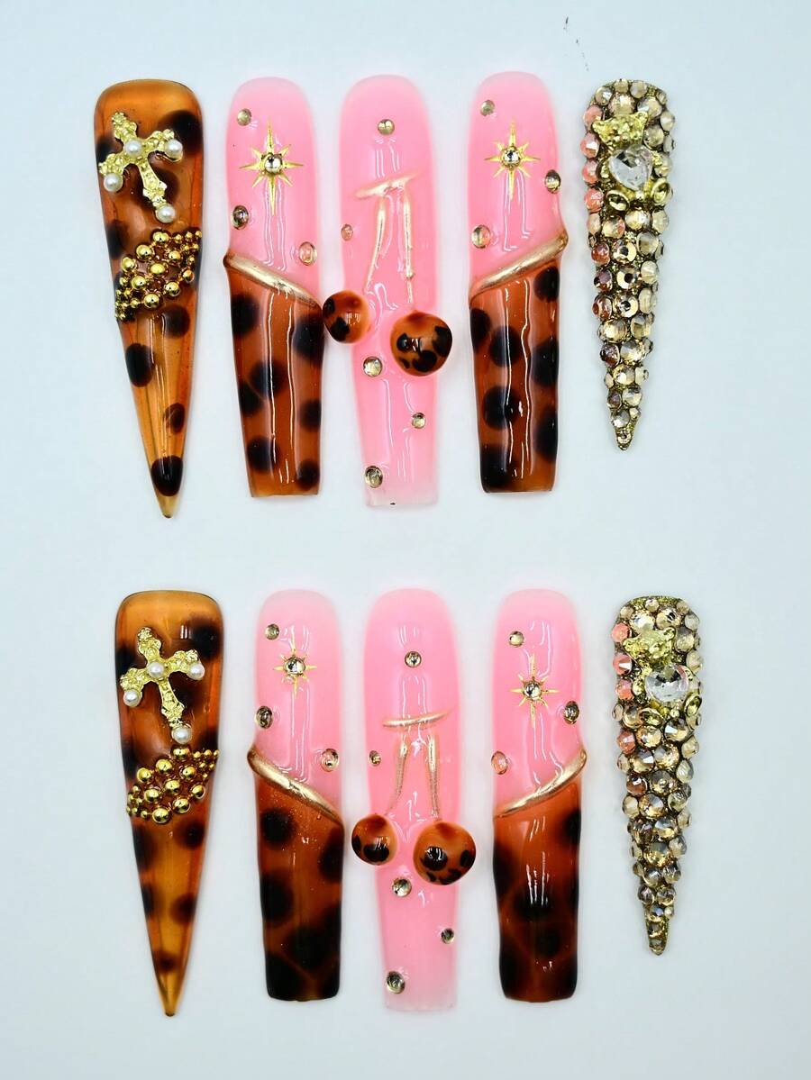 Luxury Handmade Long Stiletto Press On Nails, Pink, Tortoise Shell Base, Gold Accents, Reusable Concert Style Summer Easter - Hồng - Xem 1