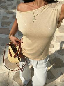 SEREN Summer New Oblique Shoulder Women Knit Sweater, Sexy Asymmetrical Shoulder, Casual, Vacation, Retro, Lightweight, Slightly Sheer, Loose, Short Sleeve Top, Cropped, Summer Women Knit Sweater, Glossy Top, Summer Vacation Beach Outfit, Music Festival Travel Season - Gold - View 4