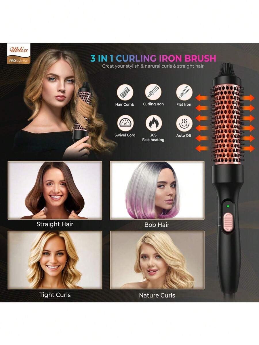 UKLISS 2026 Upgraded Multi-Functional Rotating Straightening Brush & Hot Air Styler – Ionic Hair Curler And Straightener, Wet & Dry Dual-Use Blow Dry Brush - Black - View 1