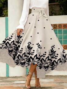 Summer Leisure And Holiday Polka-Dot Butterfly Print Waist Tie Knot Left And Right Pockets Long Skirt With Split Bottom. - Apricot - View 2