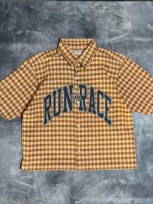 Men's Slim Fit Plaid Shirt, Khaki & Orange Letter Print Shirt, Retro Streetwear Style Top, Fashionable Loose Fit For Summer - Multicolor - View 1