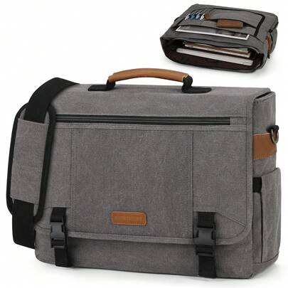 NEWHEY 17-17.3 Inch Men's Canvas Laptop Bag Messenger Bag Briefcase Large Capacity Computer Shoulder Bag With Padded Compartment, Black/Grey