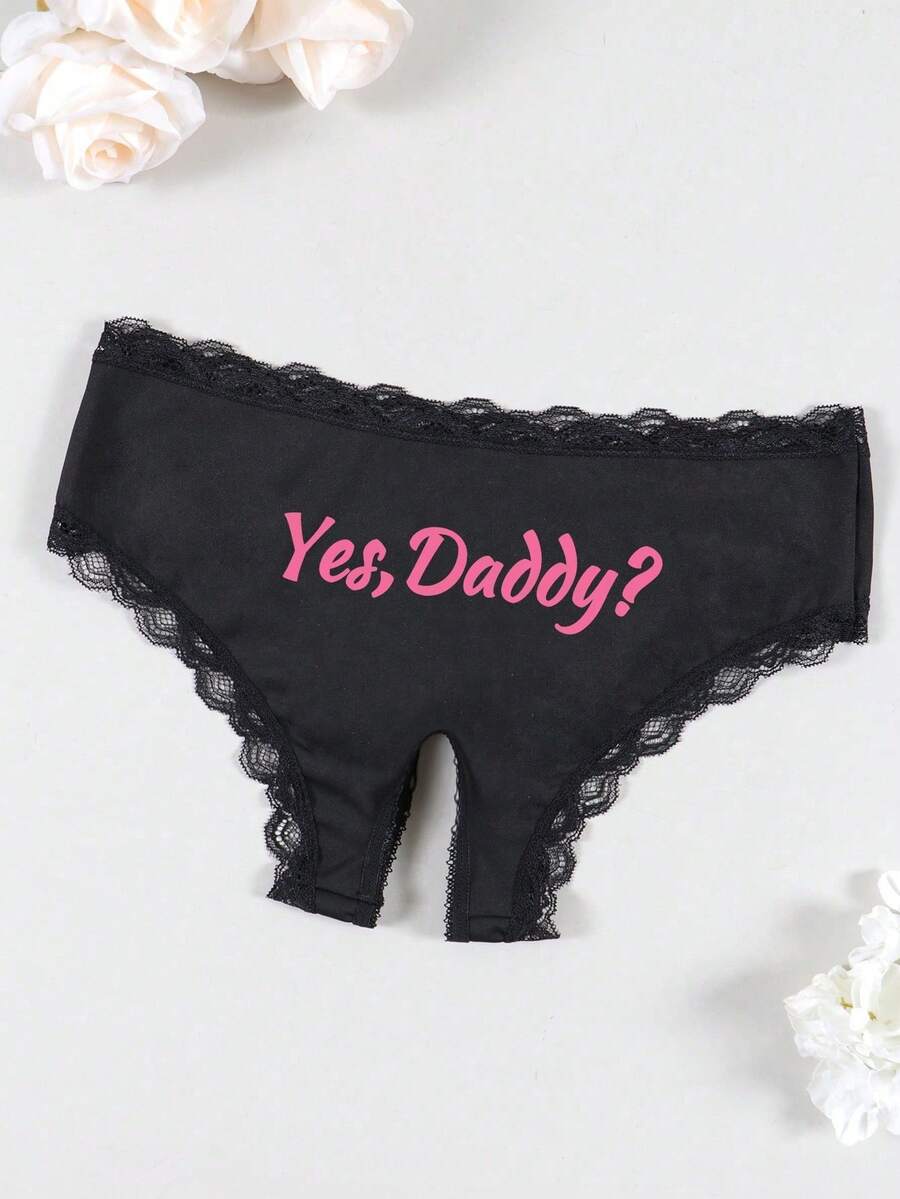 Damen schwarze sexy Spitzenbesatz Höschen mit Herz- und Buchstaben-Muster, bequeme, dehnbare, atmungsaktive dünne Triangel-Höschen - Schwarz - Übersicht 1