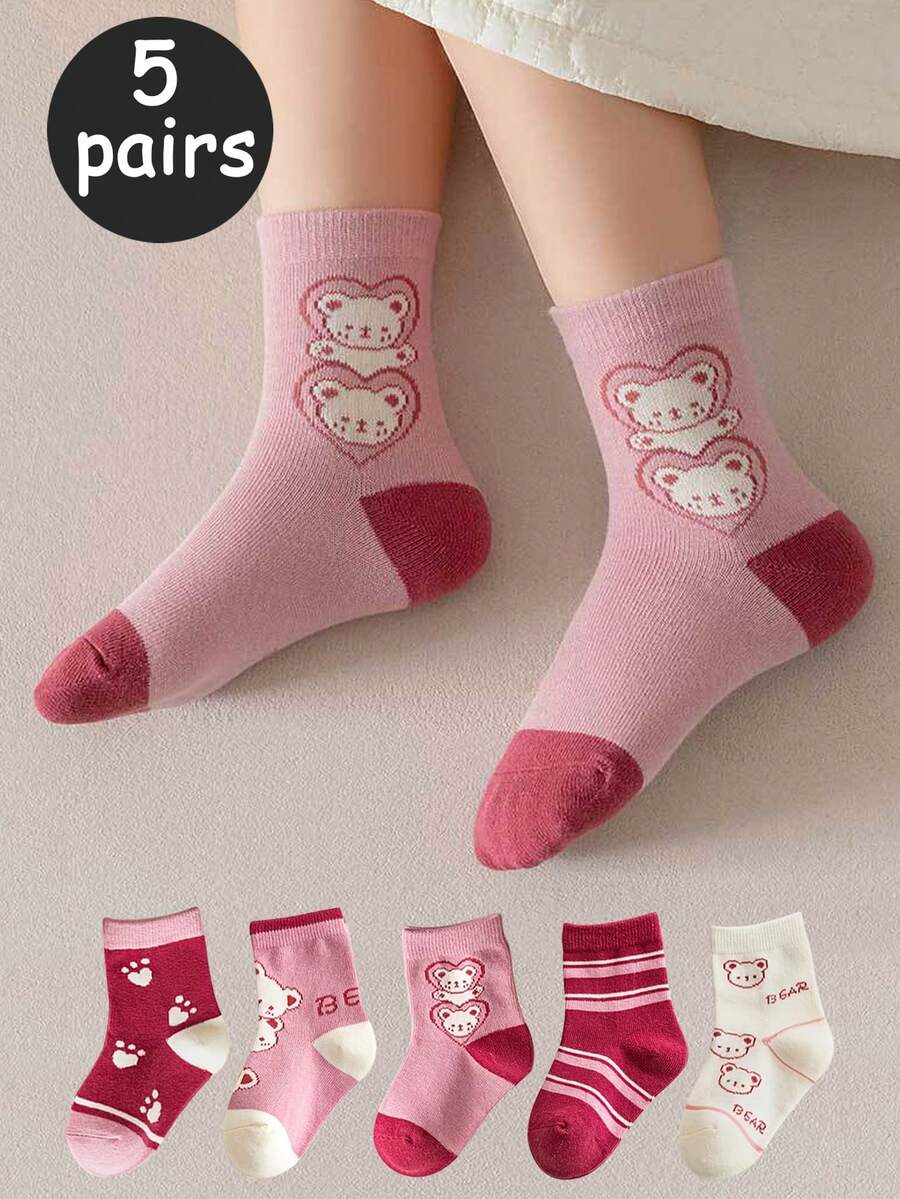 5 Pairs Girls' Cartoon Cute Mid-Calf Socks, Pink Bear Pattern Mid-Calf Socks For Girls, Suitable For School Season - Multicolor - View 1