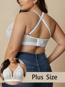 大码女士白色内衣，法式浪漫蕾丝深V性感网纱无钢圈舒适文胸，四季皆宜 - 白色 - 查看 2