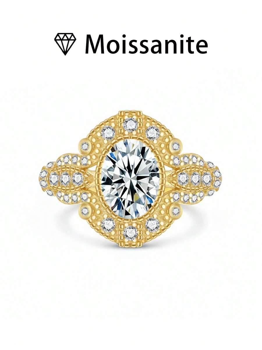 1pc Women's Wedding Ring, Round Egg Design Ring, 3.5g S925 Sterling Silver, 1.5 Carat Moissanite, Bohemian Palace Style, Luxury Engagement, Wedding, Anniversary, Valentine's Day Gift, Comes With Moissanite Certificate And Elegant Gift Box - Gold - View 1