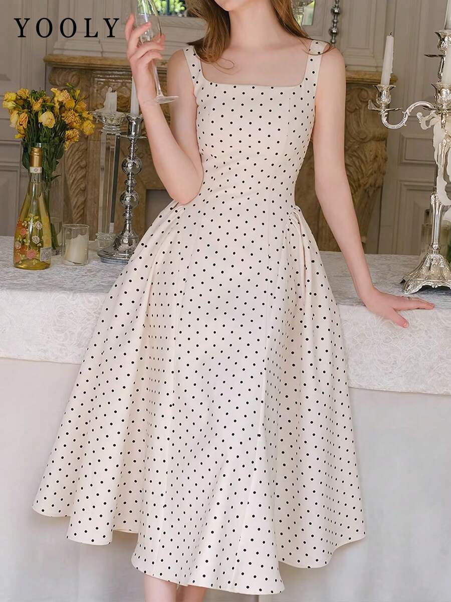 Đầm Yooly 2026 mùa hè kiểu Pháp thanh lịch, thích hợp đi làm, phong cách bohemian, chấm bi, dáng dài ngang gối, ôm eo, có khóa kéo. - Rượu sâm banh - Xem 1