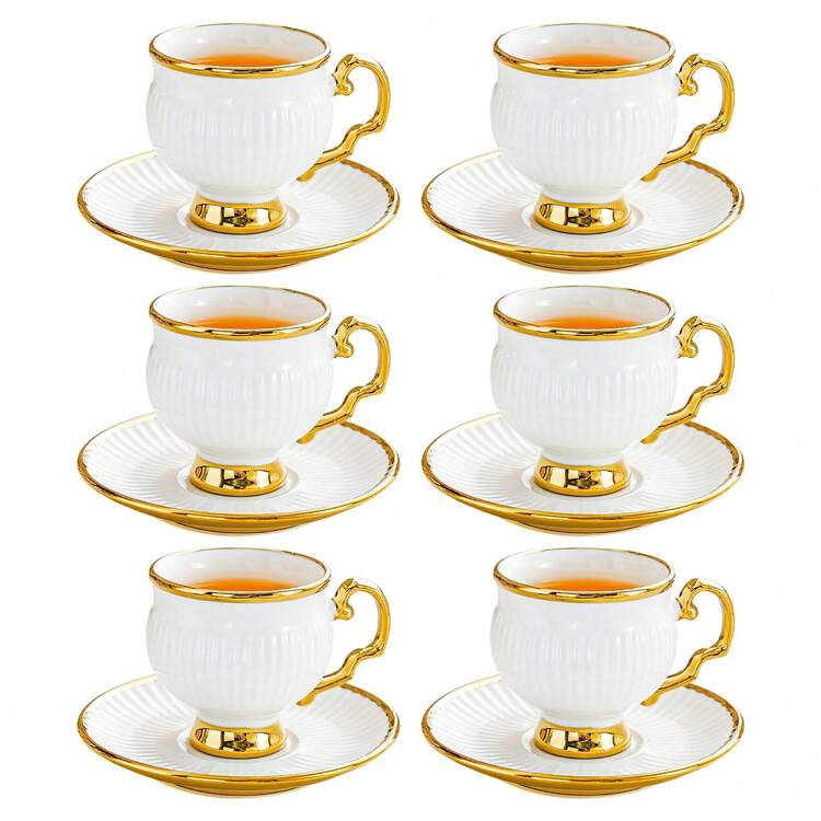 Fine Porcelain Unique Tea Cups And Saucers Set Of 6, Special Gold