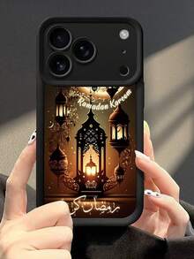 Ramadan Kareem Golden Glow Lantern & Mosque Silhouette Pattern Phone Case, Pattern Phone Case, Creative Personalized High-End Middle Eastern Red Pattern Slogan Design, Black Frosted Texture Full Coverage Protective Dustproof Waterproof Soft Case, Compatible With IPhone 17/16/15/14/13/12/11/Pro/ProMax/X/XR/XS/XSMAX/7/8/PLUS And Galaxy Models, Ideal Gift For Friends, Family, Couples On Birthdays And Festivals