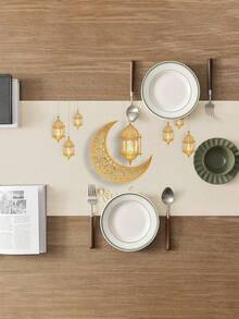 1/4/5/6/7 piezas Conjunto de decoración de medialuna, estrella, farol de Ramadán, textura de lino cómoda, decoraciones de Eid Al-Fitr, mantel de mesa de Ramadán, mantel de mesa Eid Mubarak - Multicolor - Ver 2