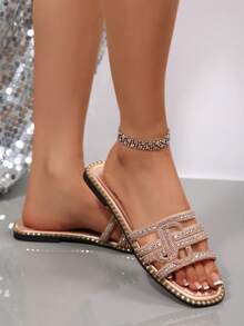 Summer Palace Style Exquisite Gorgeous Rhinestone Strap Flat Sandals, Versatile Fashion Women Shoes, Hurry Up Sisters! - Champagne - View 6