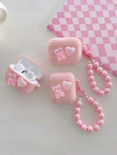 可爱粉色小猫咪造型，兼容耳机盒，苹果1/2代保护壳，兼容 Pro防摔保护壳，带挂绳