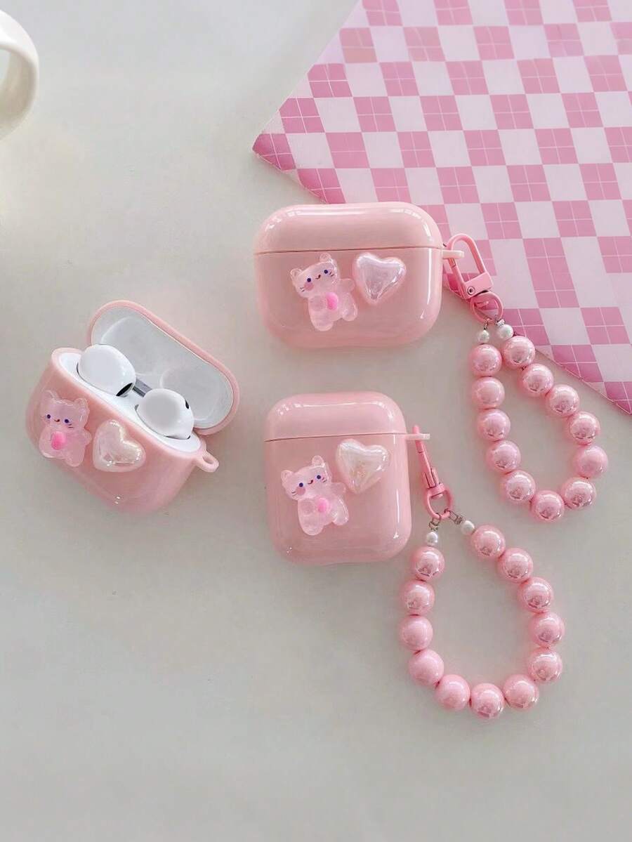 可爱粉色小猫咪造型，兼容耳机盒，苹果1/2代保护壳，兼容 Pro防摔保护壳，带挂绳 - 彩色 - 查看 1