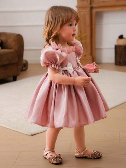 Baby Girl Bowknot Puff Sleeve Peplum Dress, Princess Party Dress For Little Girls, Suitable For Birthday Party, Pageant, Flower Girl, Bridesmaid, Wedding, Holiday Celebration