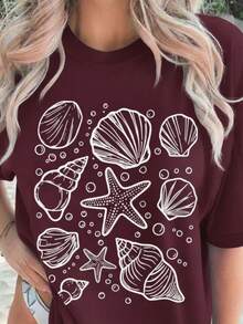 Women's T-Shirt With Shell Print - 紫紅色 - 查看 2