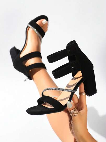 女士纯色水钻搭扣镂空露趾粗跟凉鞋，时尚休闲通勤派对礼服凉鞋，简约黑色高跟凉鞋