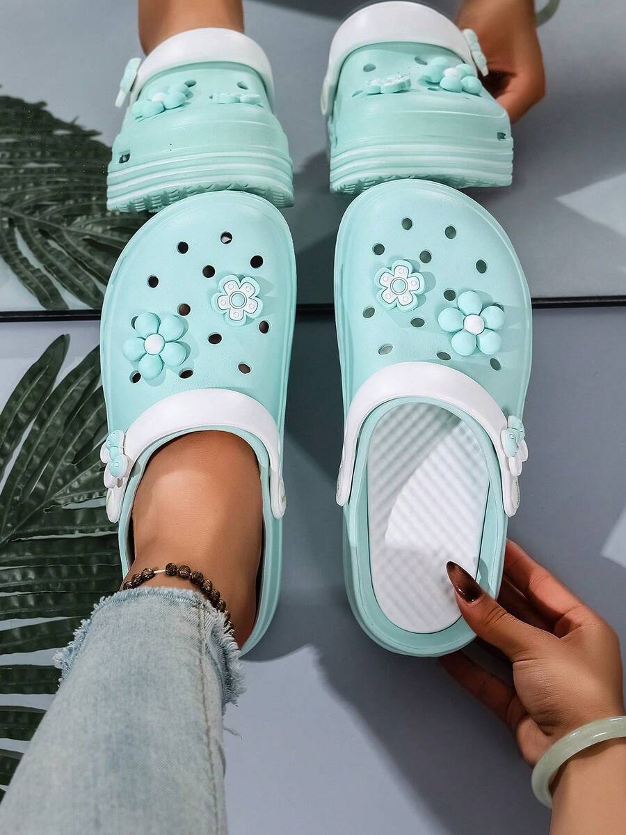 Women's Floral Platform Clogs - Breathable Lightweight Closed Toe Sandals With Adjustable Strap, Casual Summer Sandals For Women | Perfect For Beach, Pool & Daily Outfits, Cute Summer Slides For Women. - Màu xanh nhạt - Xem 1