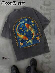 Men's T-Shirt, Double-Sided Printing Men's Retro Distressed T-Shirt, Pure Cotton Material, Ideal Gift For Halloween, Thanksgiving And Christmas, Unisex Style Men's Koi Fish T-Shirt With Deep Water Artwork Japanese Inspired Design Relaxed Fit Casual Wear For Nature Lovers Zen Style Streetwear Fashion  Graphic Tee - 黑色 - 查看 3