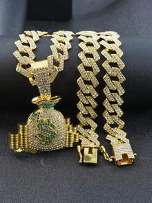 1 Set Fully Rhinestone Money Bag Pendant 15mm Diamond Cuban Link Necklace Bracelet, Men's Green Dial Watch, Hip Hop Style Men Accessory Set