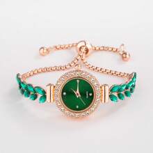 New Fashion Women's Bracelet Watch Cute Round Small Dial Rhinestone Crystal Leaf Feather Strap Metal Quartz Watch, Gift - Green - View 3