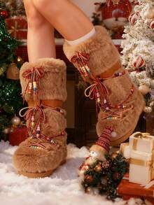 Faux Fur Boots For Women Winter Snow Boots Platform Lace Up Round Toe Boots Warm Snow Shoes Fluffy Winter Boots - 駝色 - 查看 6