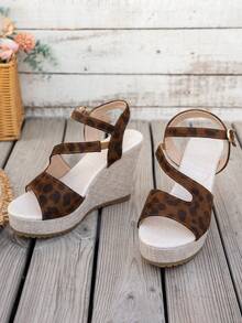 女士休闲百搭鞋，厚底坡跟鞋，新款设计，柔软百搭，尖头，舒适，绑带装饰，搭扣，适合通勤和日常穿着 - 豹紋 - 查看 5