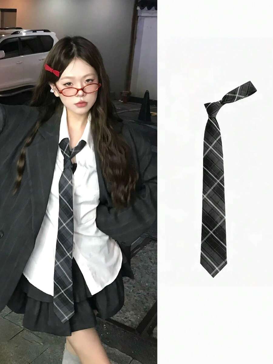 1条经典条纹JK制服领带，适合学生和青少年，格子图案，角色扮演派对领带配饰，可搭配女士连衣裙和情人节装饰 - 煙灰色 - 查看 1