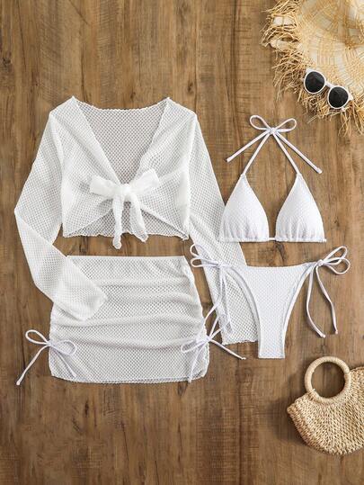 2025 New European Style Conservative 4-Piece Solid Color V-Neck Long Sleeve Contrast Mesh Women Swimsuit