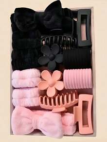 16pcs/Set Pink Household Washing Accessories Set, Including Large Comb, Hair Clips, Wrist Band, Hair Ties, Etc. - Suitable For Girls And Women, Decorative Accessories, Suitable For Daily Use, Bathing, Waterproof, New Combination, Adorable And Sweet, Multi-Functional - Suitable For Daily Life And Outfits, Style, Claw Clips - Multicolor - View 3
