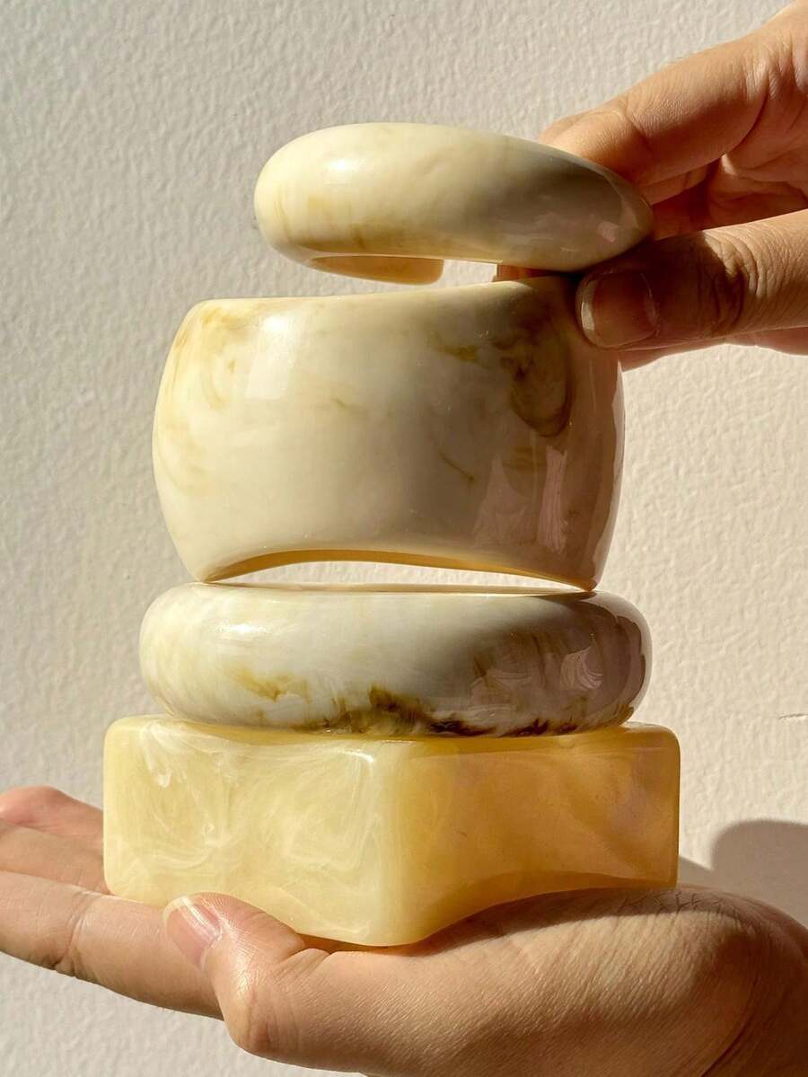 1件超大米色扎染方形树脂手镯，简约百搭饰品，时尚独特礼物 - 彩色 - 查看 1