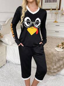 2pcs Women Letter Print Casual Pajama Set, Suitable For All Seasons - Black - View 5