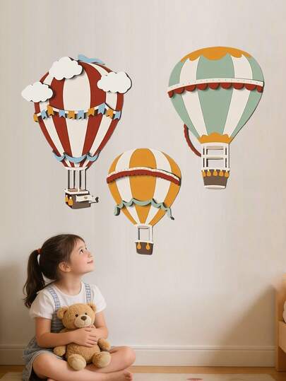 3件套手绘木制热气球墙饰，儿童房装饰，创意热气球墙饰，适用于卧室、客厅