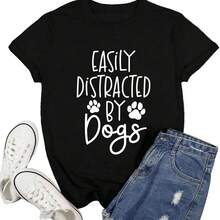 Ascrazy Women Dog Shirts Easily Distracted By Dogs T-Shirt Dog Mom Paw Print Tee Tops - 黑色 - 查看 1