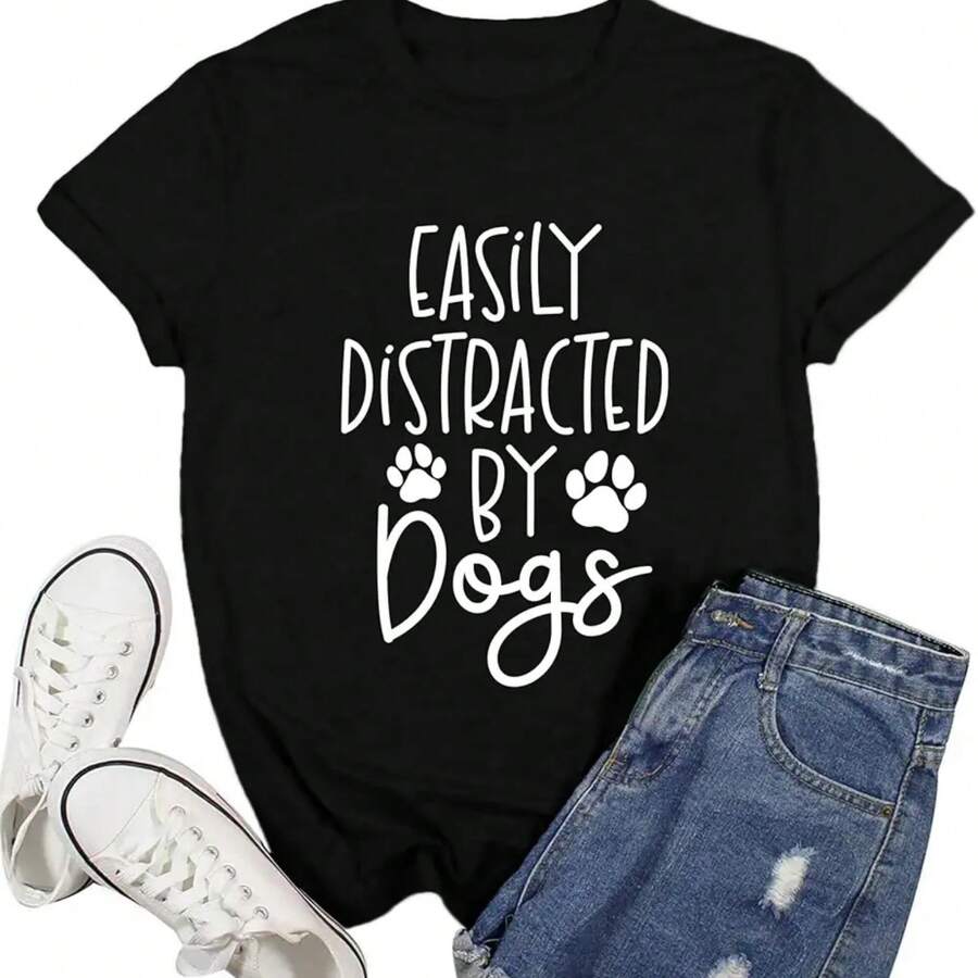 Ascrazy Women Dog Shirts Easily Distracted By Dogs T-Shirt Dog Mom Paw Print Tee Tops - 黑色 - 查看 1