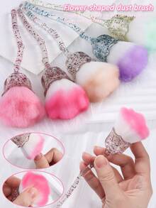 Nail Polish Dust Brush, Soft Bristle Brush, Flower-Shaped Nail Buffing Dust Brush, Transparent Pink, Green, And Blue Blush, Loose Powder, And Highlighter Brushes Are All Makeup Brushes. - Multicolor - View 1