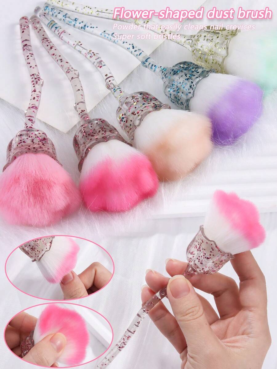 Nail Polish Dust Brush, Soft Bristle Brush, Flower-Shaped Nail Buffing Dust Brush, Transparent Pink, Green, And Blue Blush, Loose Powder, And Highlighter Brushes Are All Makeup Brushes. - Multicolor - View 1