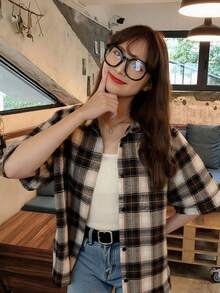 女士撞色格纹领春夏宽松单排扣休闲衬衫 - 棕色 - 查看 3