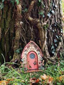 一套2D平面木质仙女门饰 - 心形和蝴蝶图案，梦幻花园和桌面摆件，室内/室外迷你景观艺术，仙女主题装饰，天然木工艺品 - 彩色 - 查看 9