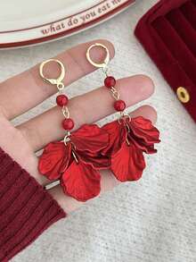一对轻盈奢华的优雅红色花瓣耳环，新款中国风时尚几何高端耳环，适合婚礼和正式场合，珠宝礼品 - 彩色 - 查看 18