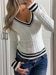 Pumpkin Minimalist Daily V-Neck Cable Knit Sweater, Sweet Collegiate Style, Spring Valentine's Day Party Pullover, Women - Beige - View 7