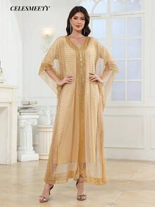 Luxury Women's V-Neck Sequin Beaded Embroidered Arabic Abaya