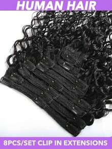 8pcs/Set Brazilian Remy Human Hair Extensions - Natural Black Water Wave Clip-In Full Head For Women, Long-Lasting & Durable, No Heat/Chemical Damage, Easy Application For Volume & Length, Hair Extensions For Women, Sleek Hairpiece 8-28 Inch - Natural Black - View 2